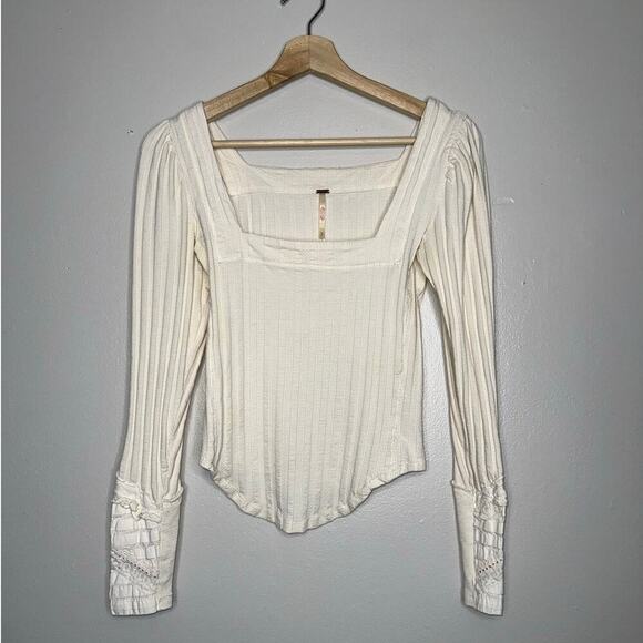 Free People Could I Love You More Top Ivory Cream Square Neck Long Sleeve Small - Picture 2 of 7